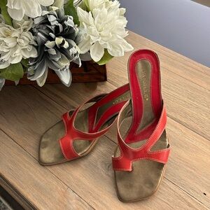Red leather heeled sandals
